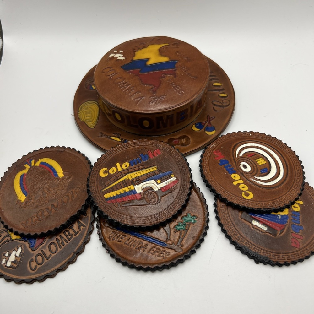 Vtg Coaster Set Leather Handmade Columbia‎ Made